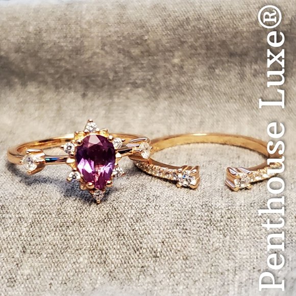 REAL Alexandrite Pear Cut 18k Rose Gold 925 Silver Ring Set - Picture 3 of 5